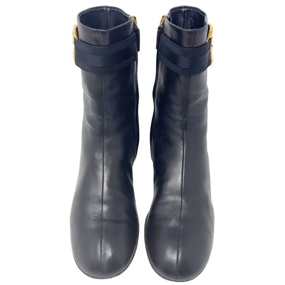 Gucci GG Logo Interlocking Monogram Black Leather High Heels Mid-Calf Boots 37.5 - Picture 4 of 11